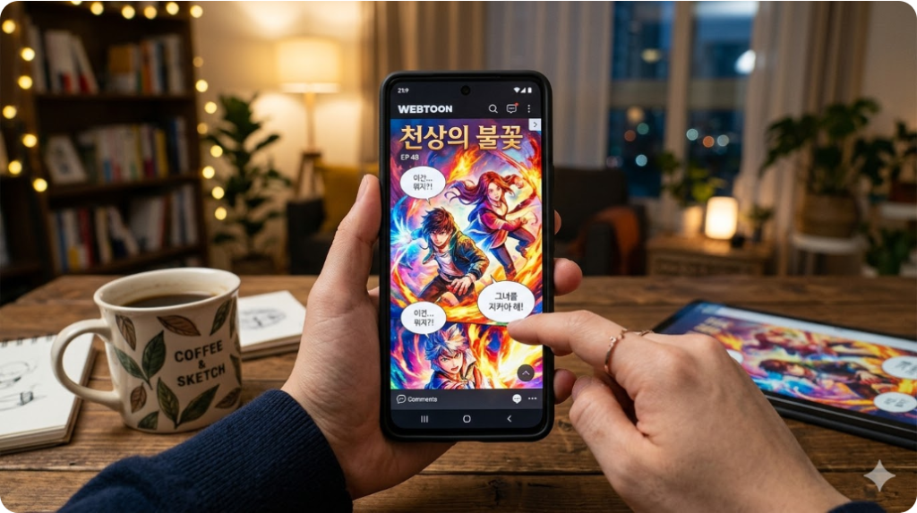 웹툰의 화려한 채색감이 강조된 스마트폰 세로 스크롤링 모습의 3D 렌더링 일러스트 웹툰의 화려한 채색감이 강조된 스마트폰 세로 스크롤링 모습의 3D 렌더링 일러스트