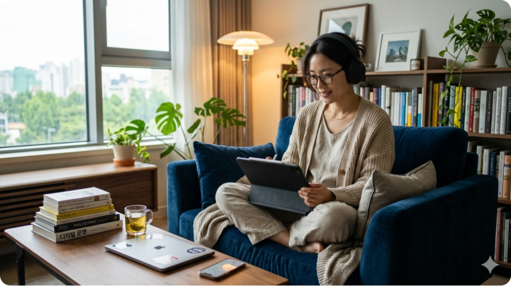 디지털 기기들을 활용해 안전하고 쾌적하게 콘텐츠를 즐기며 휴식하는 지적인 사용자의 모습 디지털 기기들을 활용해 안전하고 쾌적하게 콘텐츠를 즐기며 휴식하는 지적인 사용자의 모습