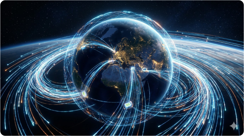 수천 개의 데이터 패킷이 빛의 줄기로 변하여 거대한 지구본 주위를 빠르게 회전하며 전 세계 스포츠 경기장으로 뻗어나가는 사이버네틱 비주얼 수천 개의 데이터 패킷이 빛의 줄기로 변하여 거대한 지구본 주위를 빠르게 회전하며 전 세계 스포츠 경기장으로 뻗어나가는 사이버네틱 비주얼