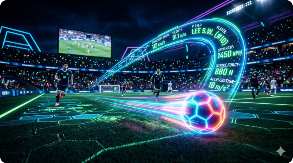 네온 컬러로 빛나는 축구공이 디지털 그라운드를 가르며 지나갈 때, 공의 궤적 뒤로 실시간 선수 스탯이 홀로그램으로 떠오르는 장면 네온 컬러로 빛나는 축구공이 디지털 그라운드를 가르며 지나갈 때, 공의 궤적 뒤로 실시간 선수 스탯이 홀로그램으로 떠오르는 장면
