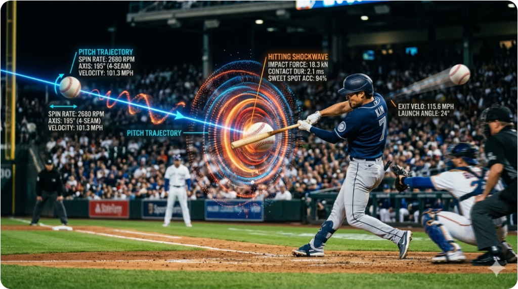 타격 순간의 충격파가 시각 데이터로 변환되는 초현실적 야구 분석 화면 타격 순간의 충격파가 시각 데이터로 변환되는 초현실적 야구 분석 화면