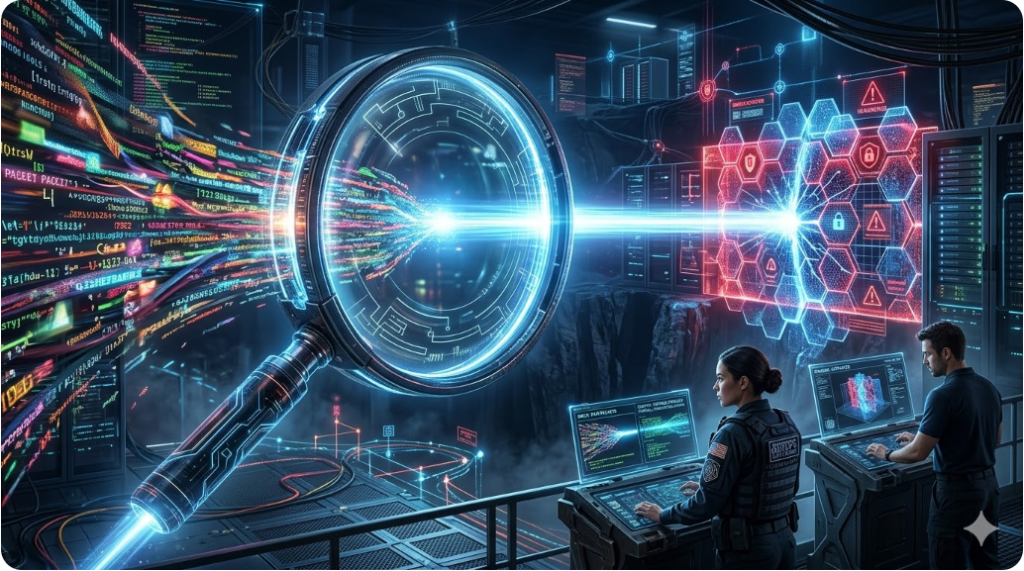 거대한 돋보기 안으로 투과되는 복잡한 데이터 패킷들이 정제된 빛의 줄기로 변환되어 보안 방벽을 통과하는 추상적인 가상 네트워크 공간 거대한 돋보기 안으로 투과되는 복잡한 데이터 패킷들이 정제된 빛의 줄기로 변환되어 보안 방벽을 통과하는 추상적인 가상 네트워크 공간