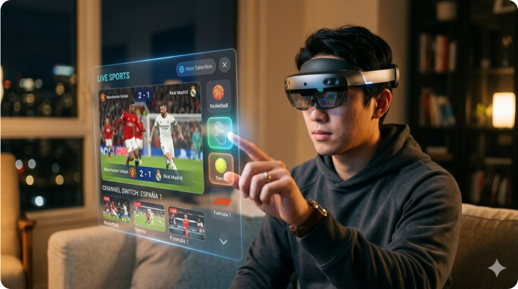 미래형 헤드셋을 착용한 사용자가 허공의 가상 스크린을 가볍게 터치하며 실시간 스포츠 채널을 전환하는 초현실적인 근접 촬영 샷 미래형 헤드셋을 착용한 사용자가 허공의 가상 스크린을 가볍게 터치하며 실시간 스포츠 채널을 전환하는 초현실적인 근접 촬영 샷