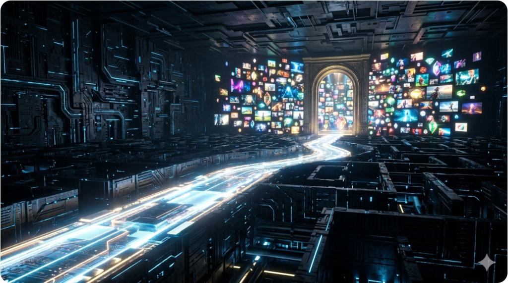 어두운 디지털 미로 속에서 밝게 빛나는 안전한 통로가 열리고, 그 끝에 화려한 영상 콘텐츠들이 보석처럼 박혀 있는 3D 그래픽 어두운 디지털 미로 속에서 밝게 빛나는 안전한 통로가 열리고, 그 끝에 화려한 영상 콘텐츠들이 보석처럼 박혀 있는 3D 그래픽