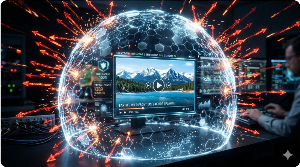 투명한 방어막이 수많은 빨간색 경고 화살표를 튕겨내며, 그 안에서 깨끗하고 선명한 영상 플레이어가 구동되는 미래형 인터페이스 투명한 방어막이 수많은 빨간색 경고 화살표를 튕겨내며, 그 안에서 깨끗하고 선명한 영상 플레이어가 구동되는 미래형 인터페이스