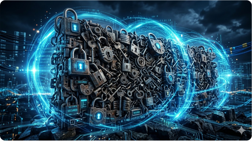 디지털 자물쇠와 열쇠가 얽혀 강력한 철벽을 형성하고, 그 주위를 데이터 보호 기운이 감싸고 있는 추상적 아트 디지털 자물쇠와 열쇠가 얽혀 강력한 철벽을 형성하고, 그 주위를 데이터 보호 기운이 감싸고 있는 추상적 아트